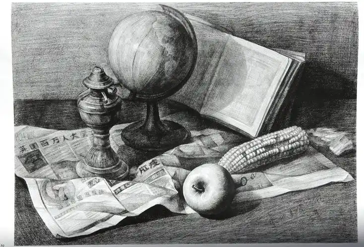 创意素描静物饭盒报纸筷子