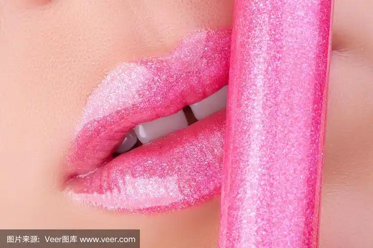 特写,嘴唇,粉色,桃红色唇膏,红色的口红