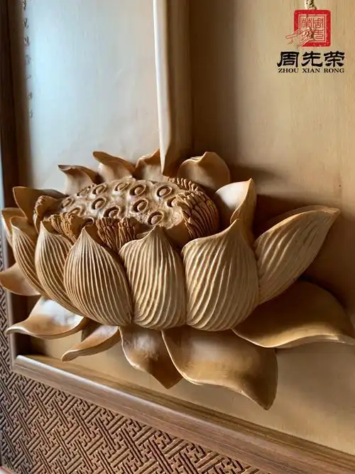 周先荣东阳木雕原创荷花开见佛挂画椴木雕刻壁挂定制家用禅意墙饰