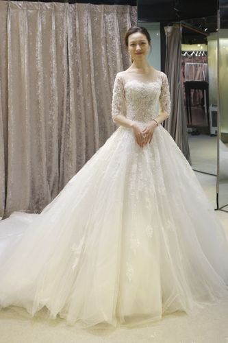 一字肩婚纱中袖长拖尾2017春夏新款纯手工钉珠韩版新娘结婚礼服_7折