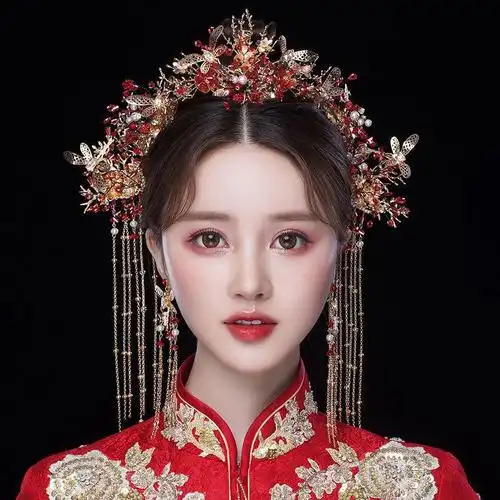 秀禾头饰中式结婚配饰大气秀禾服发饰短发圆脸新娘妆复古流苏凤冠