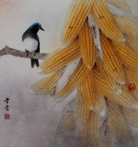 工笔画底稿 龚雪青 玉米燕雀白描27#打印稿宣纸稿有步骤图