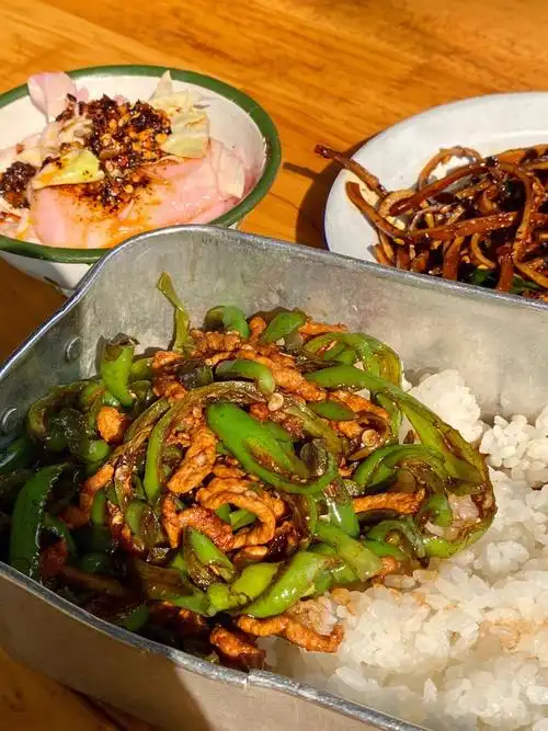 晒着太阳,路边吃个盖饭太舒服了～青椒肉丝盖浇饭好吃!