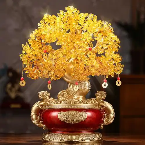黄水晶发财树招财摆件摇钱树聚宝盆酒柜装饰品乔迁开业礼品-阿里巴巴