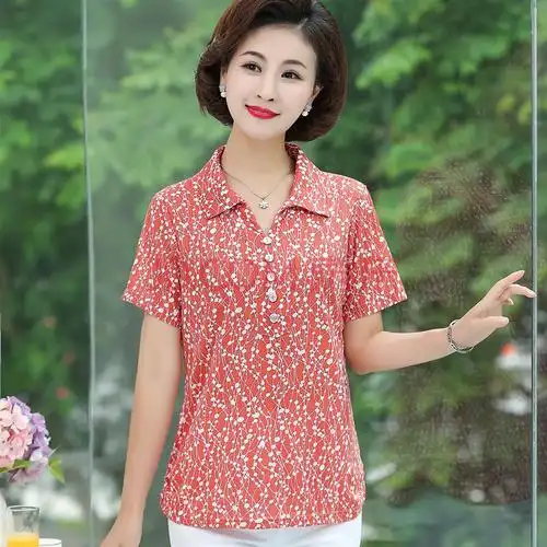 妈妈夏装短袖40-50岁中老年人夏天衣服中年时尚t恤休闲上衣女 花色五