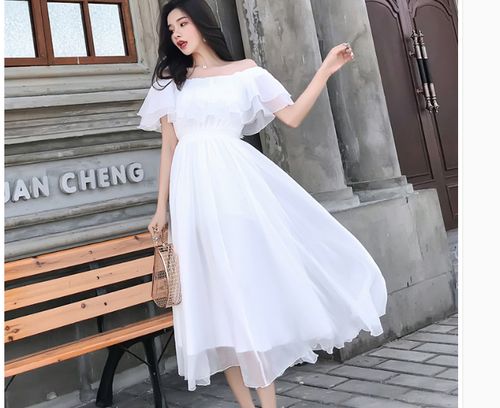 4种穿法2层韩版修身内搭雪纺白色连衣裙女长裙一字肩公主显瘦裙子