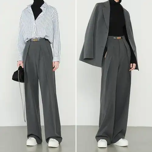 灰色高级感直筒裤阔腿裤垂感压褶老钱风女秋冬新款简非蓝高腰西装