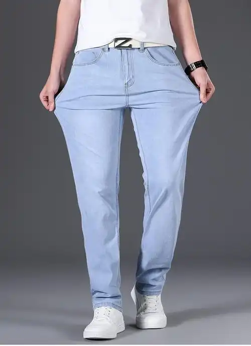 春秋季浅蓝色牛仔裤男士春秋天阔腿裤款宽松弹性高端潮牌休闲长裤溥