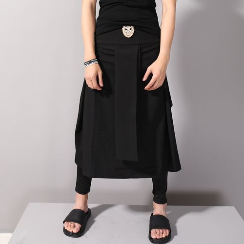 新款男士裙子潮男时尚金属镶钻豹子头中中长休闲裤