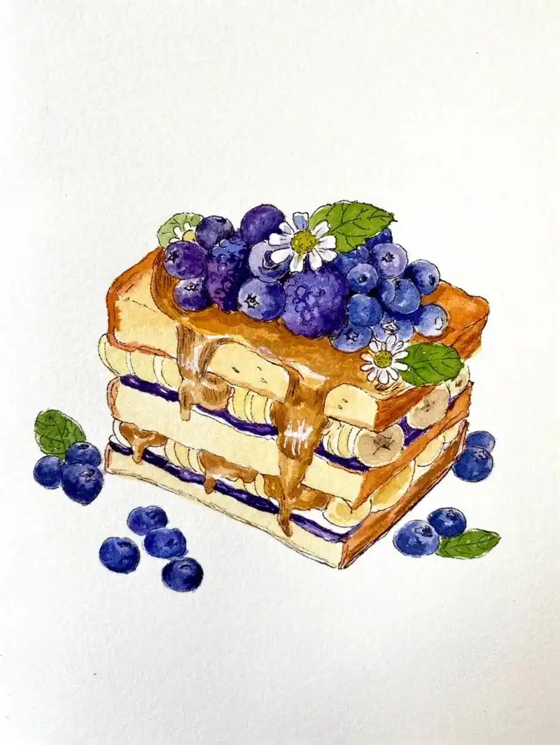蓝莓蛋糕(附线稿)照片素材来自97#钢笔淡彩 #水彩美食画  - 抖音