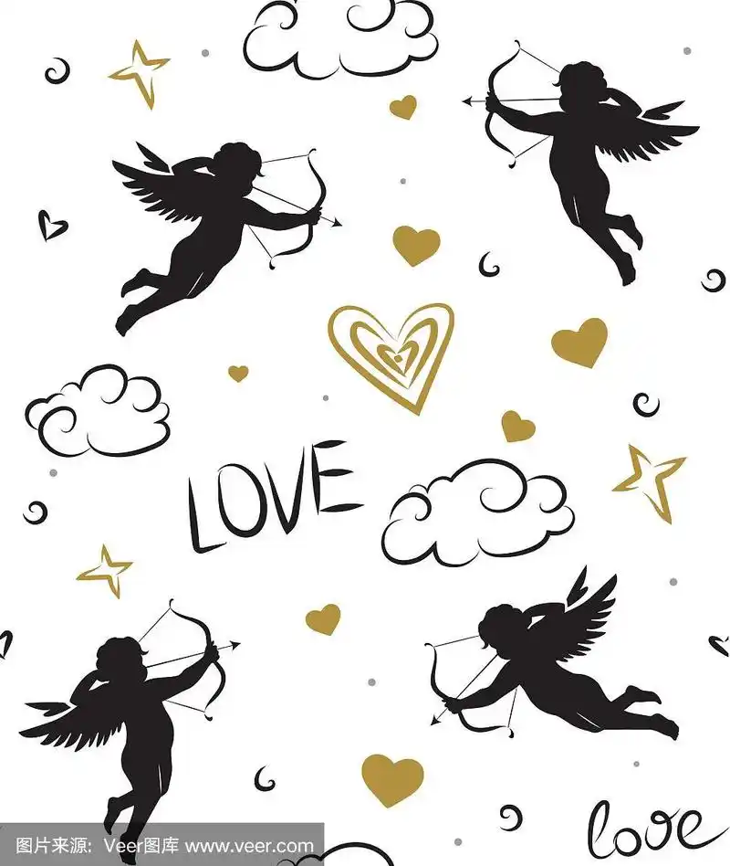 丘比特无缝的浪漫图案.爱情的象征,标志,偶像.情人节或婚礼背景.