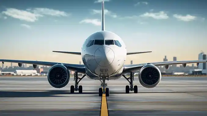 飞机正面镜头白色客机在飞机跑道起飞