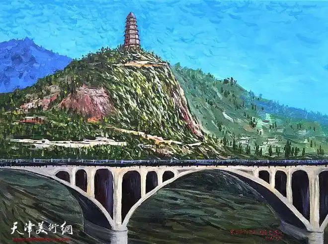 赵景军作品:中国革命圣地延安宝塔山 布面丙烯刘津菁 琴韵书声 书法马