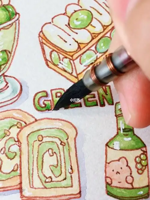 钢笔淡彩绿色系小甜品简笔画零基础新手