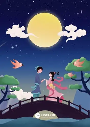 蓝粉色场景手绘七夕完整插画