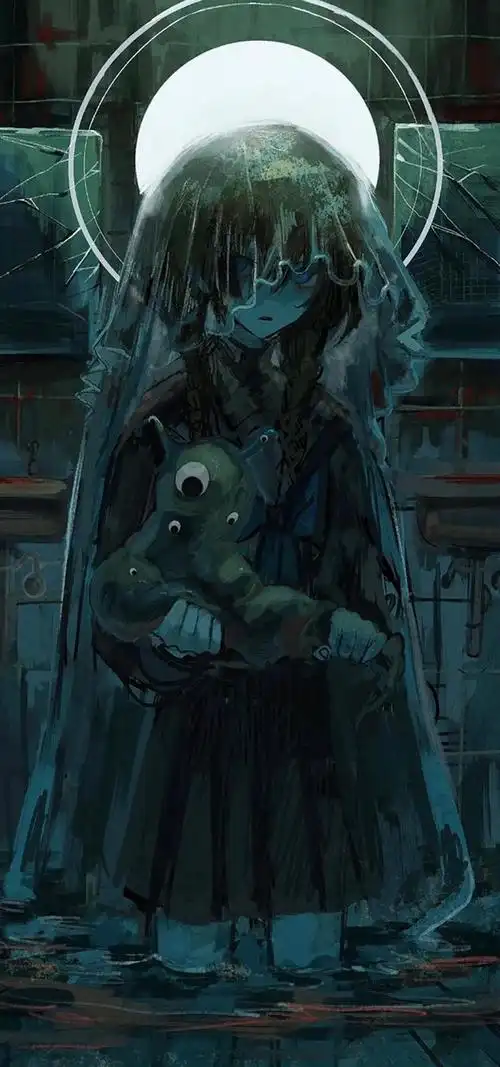 充满压抑感的二次元人物插画,人物带了阴郁病娇的魅惑特质