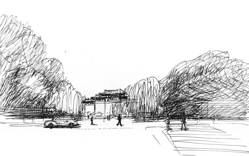 速写风景系列作画过程演示-钢笔画公园门口,济南大明湖南门