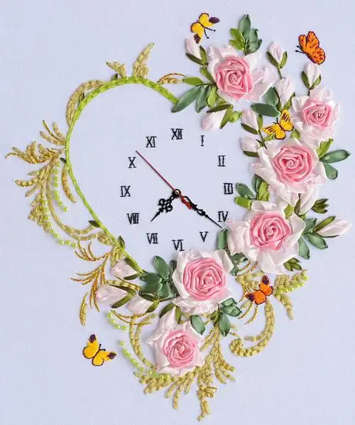 包邮丝带绣钟表挂画心有独钟印花彩带十字绣彩带绣花卉花立体绣