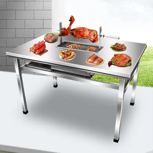 简约烤羊腿桌子无烟商用户外摆摊自助烤肉桌木炭燃气电烧烤桌全羊圆桌