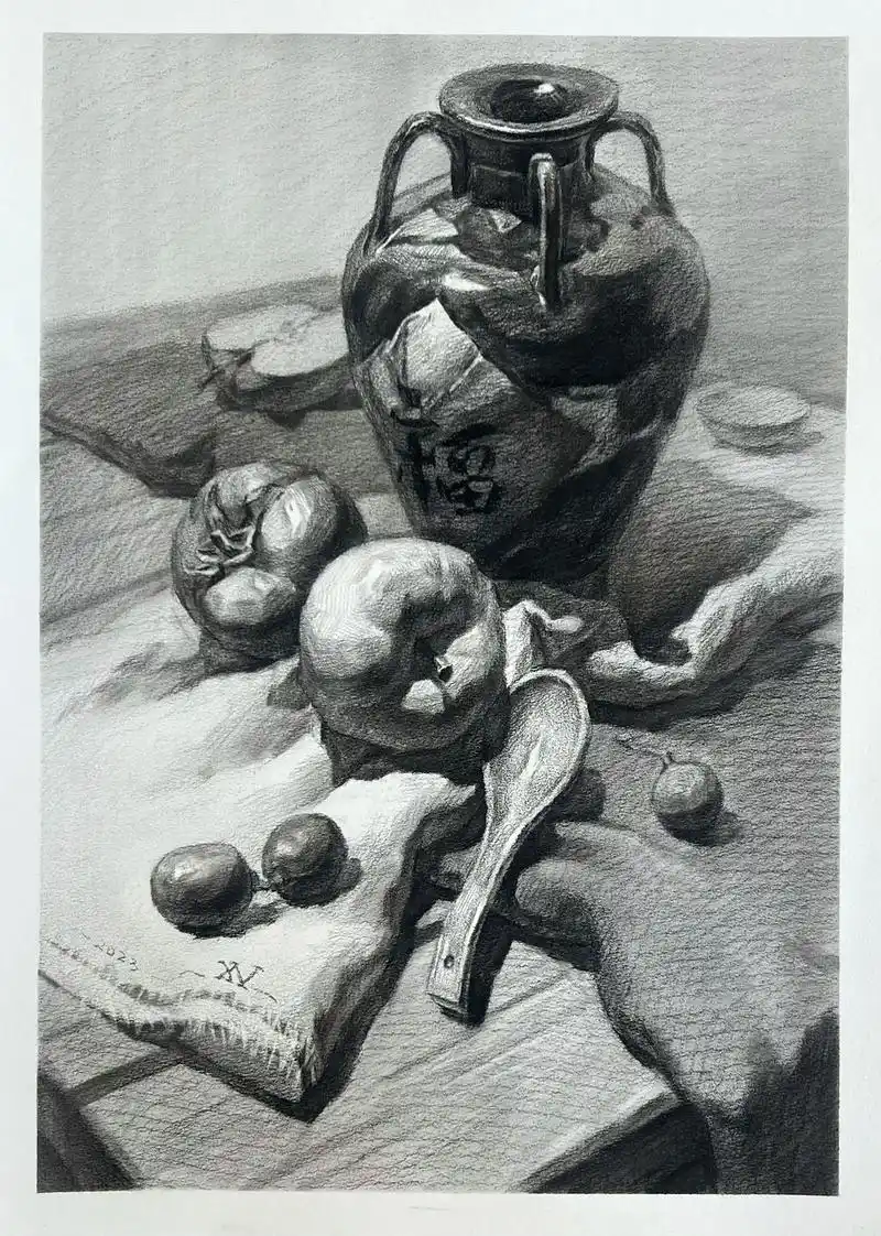 素描#绘画过程分享 #静物基础 #深色罐子和水果组合 - 抖音