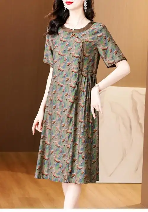 香云纱真丝连衣裙女2024夏新款杭州大牌中年妈妈装桑蚕丝花萝裙子