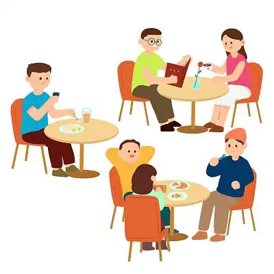 手绘卡通多人餐厅吃饭场景元素