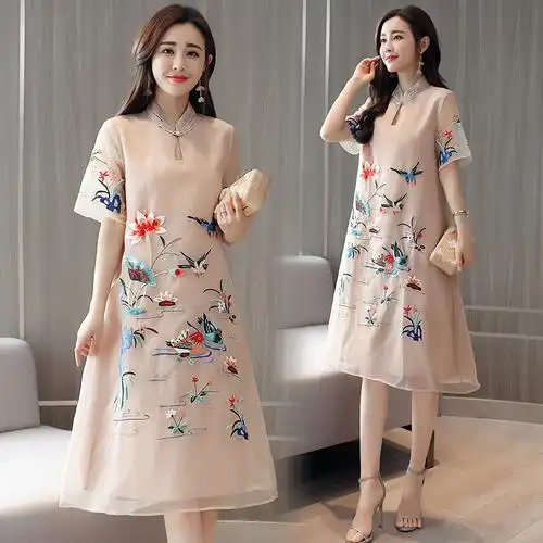 中国风改良旗袍复古印花连衣裙女女士夏款新品民族刺绣a字中裙
