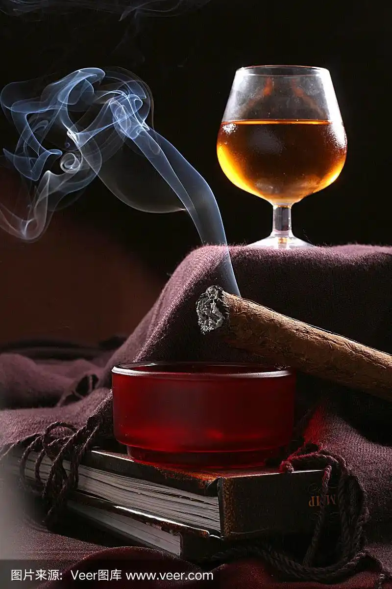 白兰地和雪茄与烟雾的黑色背景