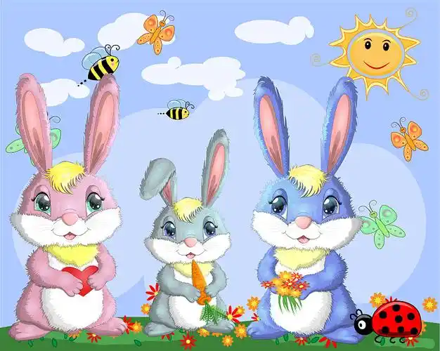 在附近的草地上有三只小兔子图片素材