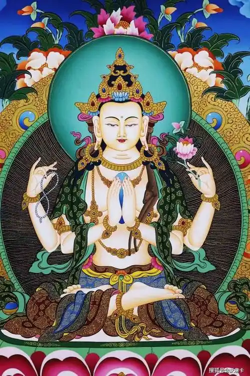 此外,在藏传佛教中,还有忿怒相四臂观音造型,蓝色身,四首