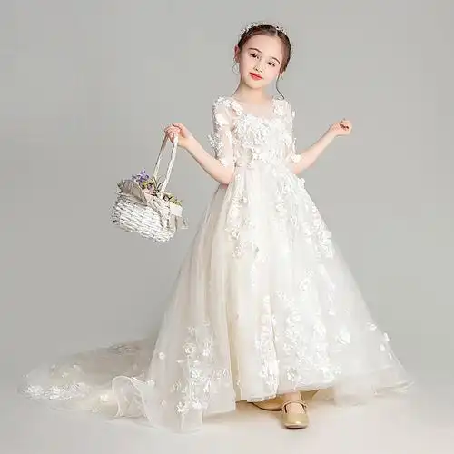 儿童婚纱超长拖尾主持洋气公主女孩生日高端儿童礼服