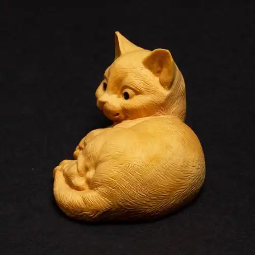 黄杨木客厅实木创意动物雕刻工艺品手把件木雕可爱汽车饰品猫摆件
