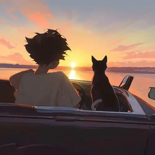 男孩女孩和猫动漫情侣头像 人和宠物ai绘画头像