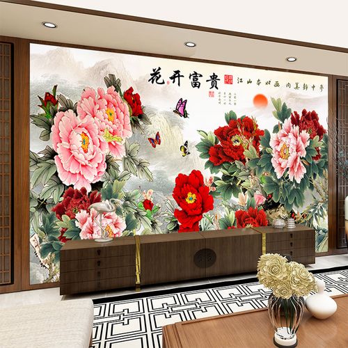 鸿赞 牡丹电视墙18d凹凸立体壁画客厅花开富贵墙布影视墙定制壁布欧式