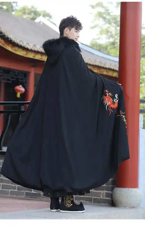冬季新款汉服男装中国风男生刺绣斗篷中长款古装加绒连帽保暖披风