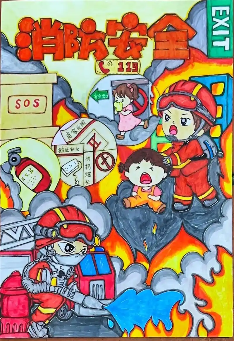 消防主题儿童画 #消防员救火儿童画 #小小消防员#防震减灾 - 抖音