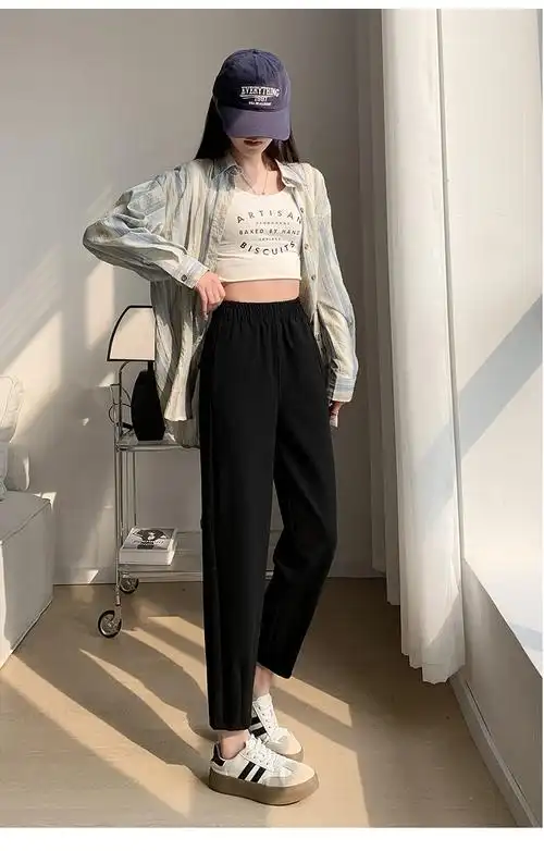 黑色镰刀裤女春季2024年新款高腰宽松显瘦灯笼裤小个子九分哈伦