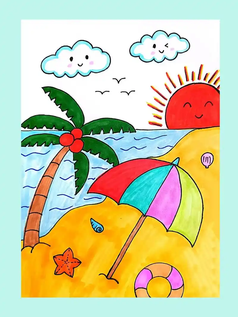 夏天主题画.#我收藏的夏天 夏天到啦,一起来画美丽的沙滩92 - 抖音
