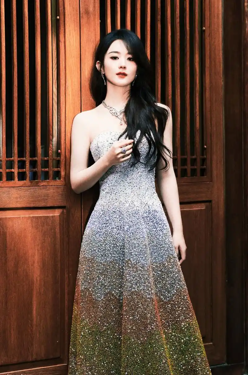 赵丽颖抹胸亮片礼服配戴珠宝,美观大方