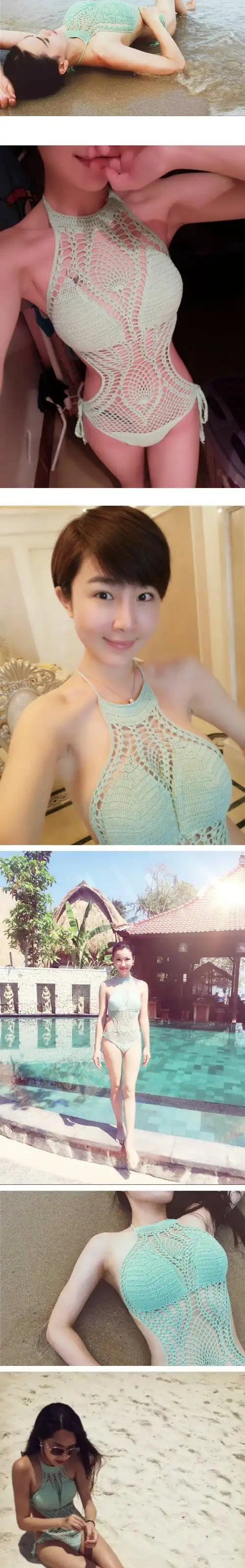 dk欧美性感缕空连体泳衣手工针织毛线比基尼温泉聚拢泳衣bikini女