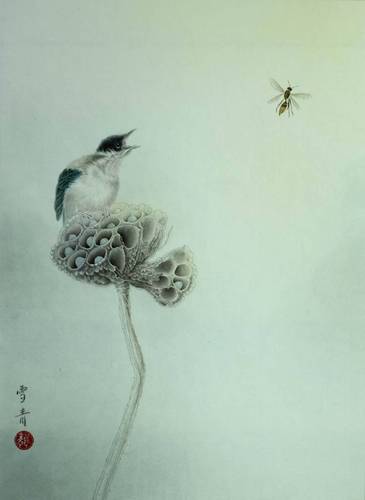 工笔画国画底稿小鸟莲蓬小品白描1#打印稿