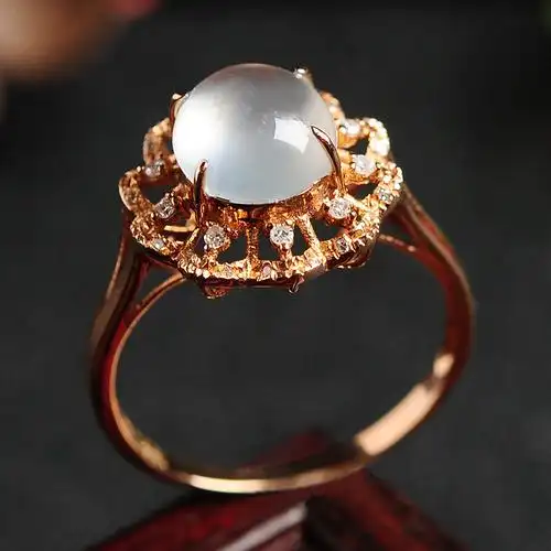 18k镶嵌翡翠戒指蛋面玉石指环女款圆形戒面饰品带证书送女朋友七夕