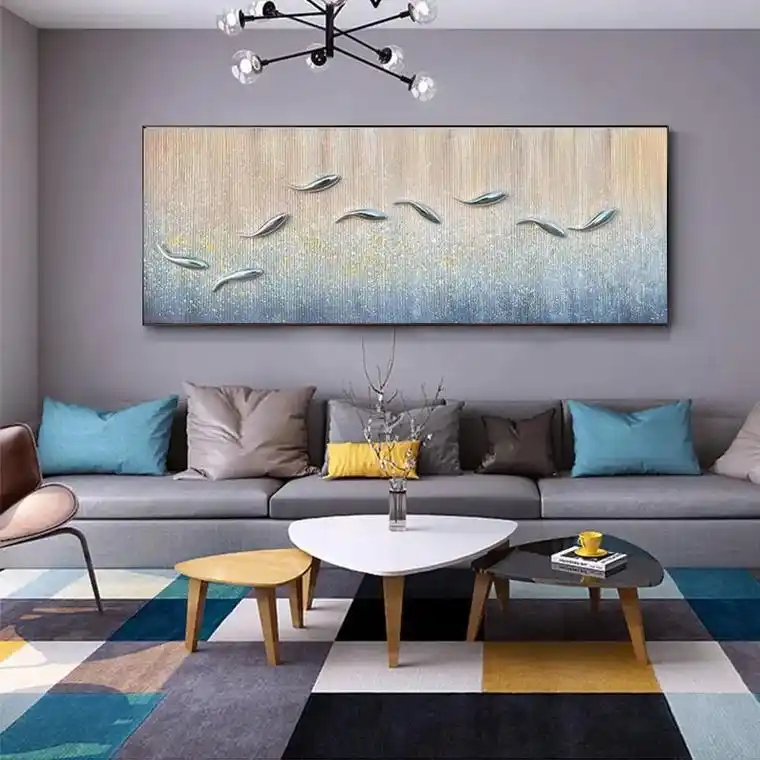 纯手绘油画现代轻奢沙发背景墙装饰画客厅挂画抽象九鱼图横版壁画