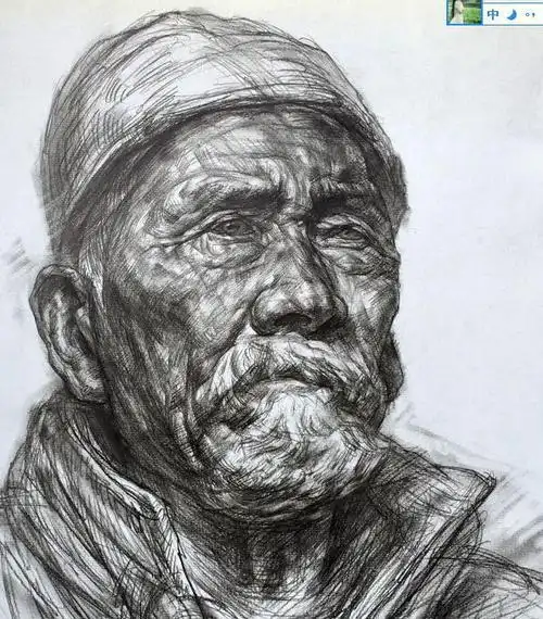 素描老人头像戴帽子