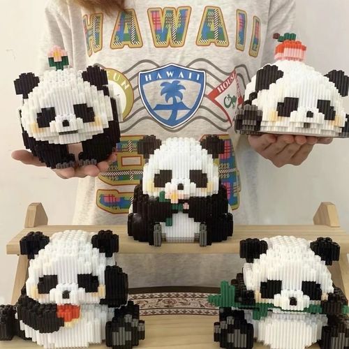 熊猫花花积木造型花花摆件拼搭造型玩具积木熊猫十二款造型