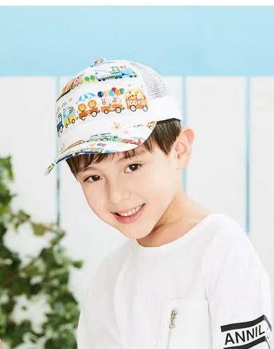 2019春夏3-6岁小孩遮阳棒球帽透气网男童鸭舌帽卡通图案全棉儿童凉帽