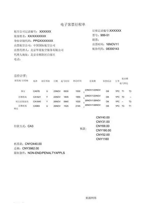 国际机票电子客票行程单