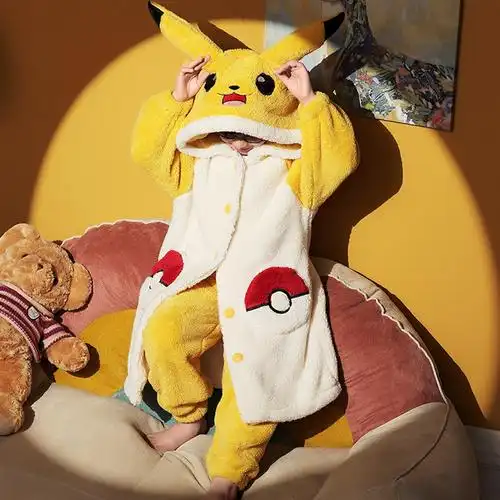皮卡丘儿童睡袍珊瑚绒秋冬季男童卡通可爱男孩中长款睡袍学生睡衣