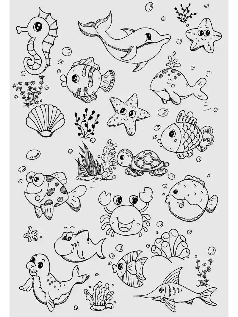 线稿篇 96海洋生物素材 线稿篇 都是常用的95海底世界主题画元素