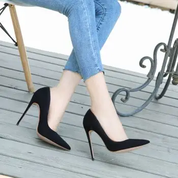 恨天高黑色绒面超高跟鞋女细跟性感12cm夜场尖头宴会单鞋2018新款